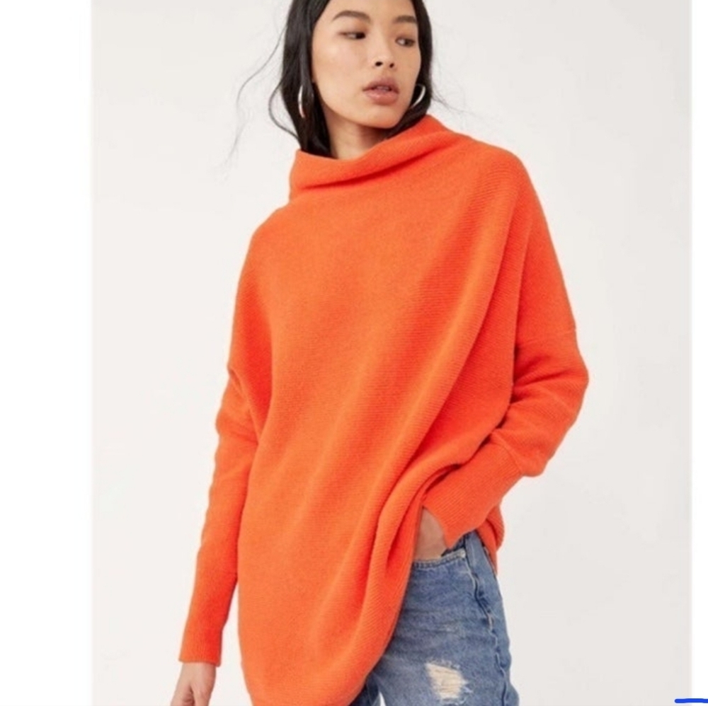 Free People womens sweater audacious orange ribbed slouchy tunic mock neck sz S